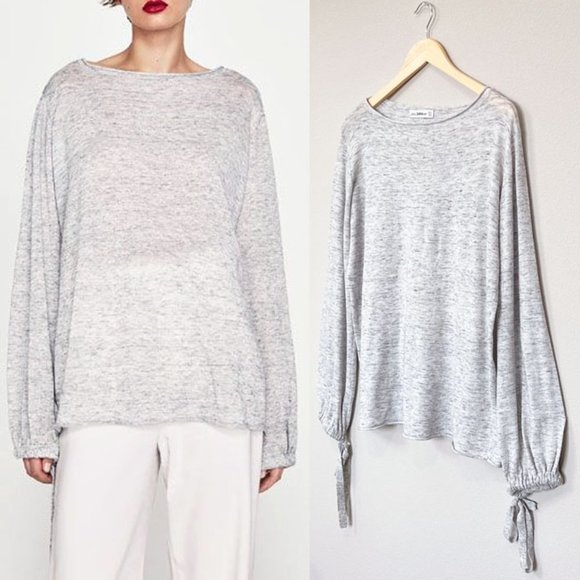 Zara Heather Gray Long Bow Tie Strap Cuff Balloon Sleeves Light Weight Sweater S - Picture 1 of 11